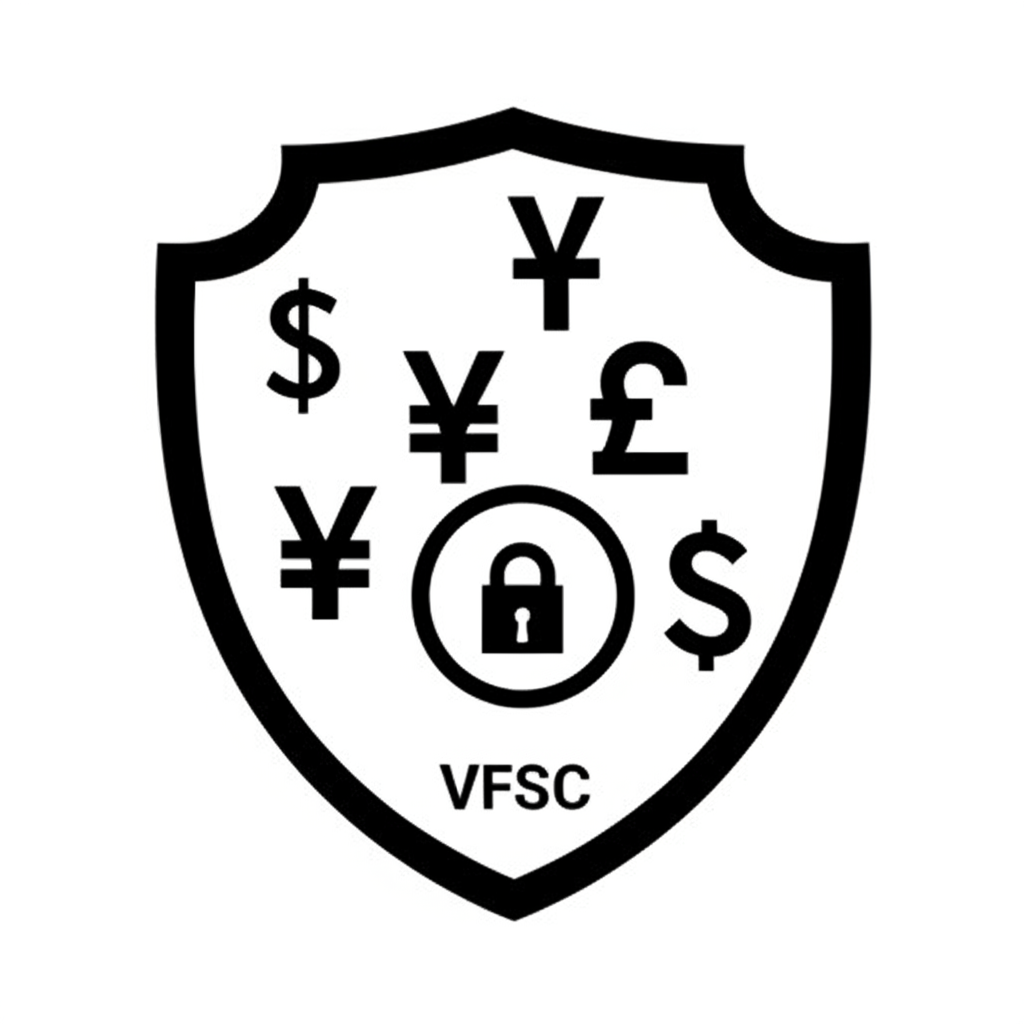 Secure money shield protecting currency symbols with VFSC logo and lock icon