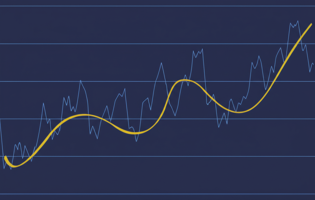 An illustration of a smooth moving average line on a chart with volatile prices representing market trends