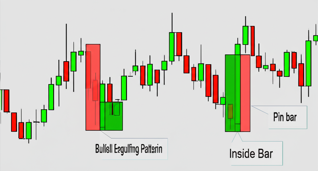 ตัวอย่างรูปแบบแท่งเทียนต่างๆ เช่น Engulfing, Pin Bar และ Inside Bar บนกราฟ