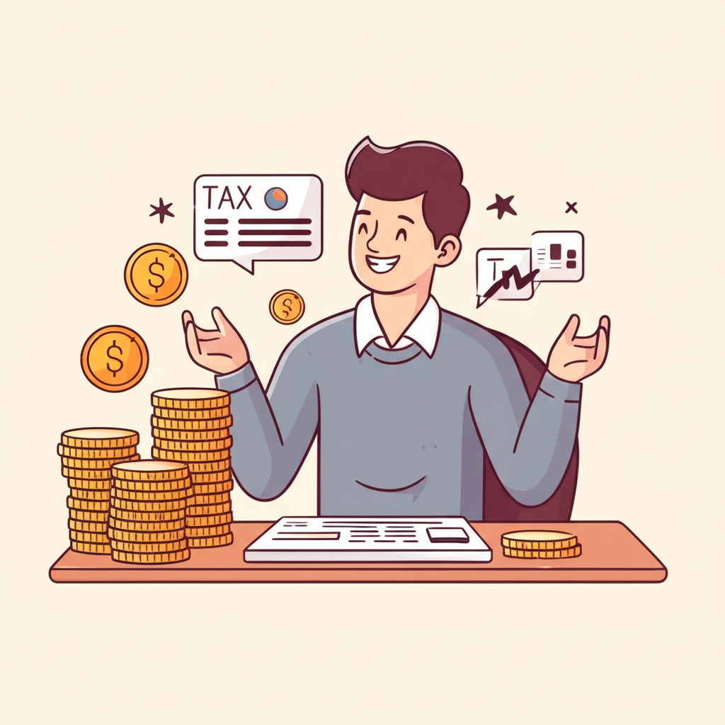 Illustration of a person happily planning retirement with money and tax benefits around them