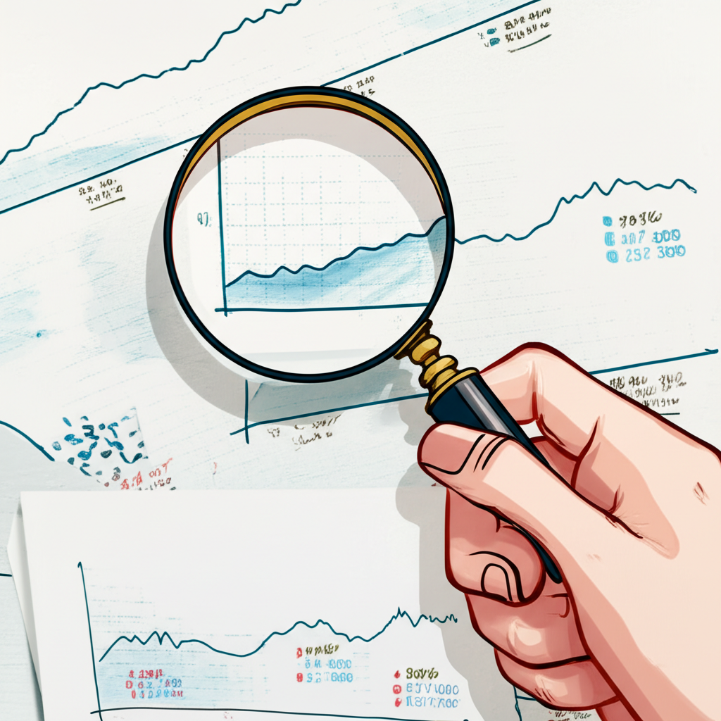 Hand with magnifying glass over interest rate charts symbolizing cautious evaluation