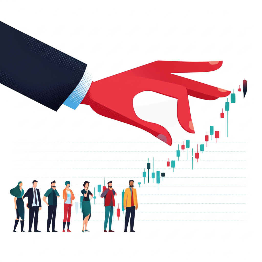Illustration of a large institutional investor a giant hand moving market prices while small retail traders watch