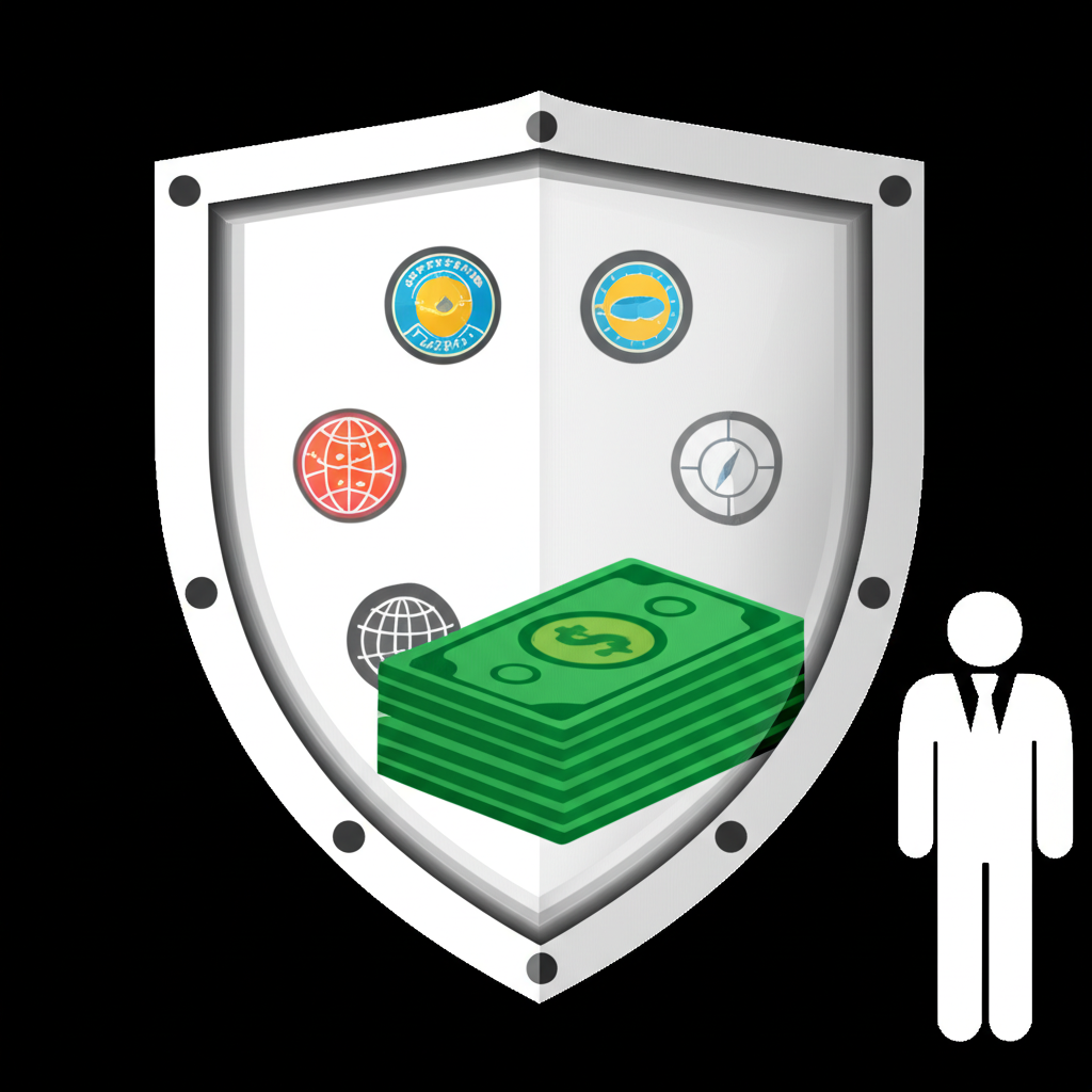An illustration of a shield with global regulatory body logos protecting a stack of money and a trader