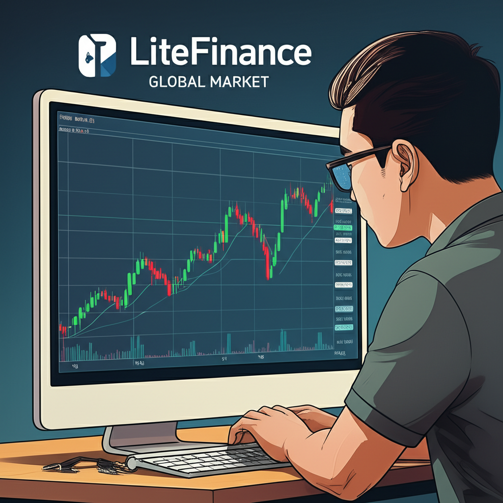 Thai trader analyzing forex charts on computer with LiteFinance logo