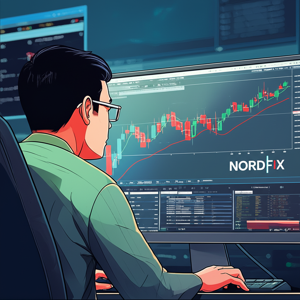 ภาพประกอบเทรดเดอร์ชาวไทยกำลังดูกราฟการเงินบนคอมพิวเตอร์พร้อมโลโก้ NordFX