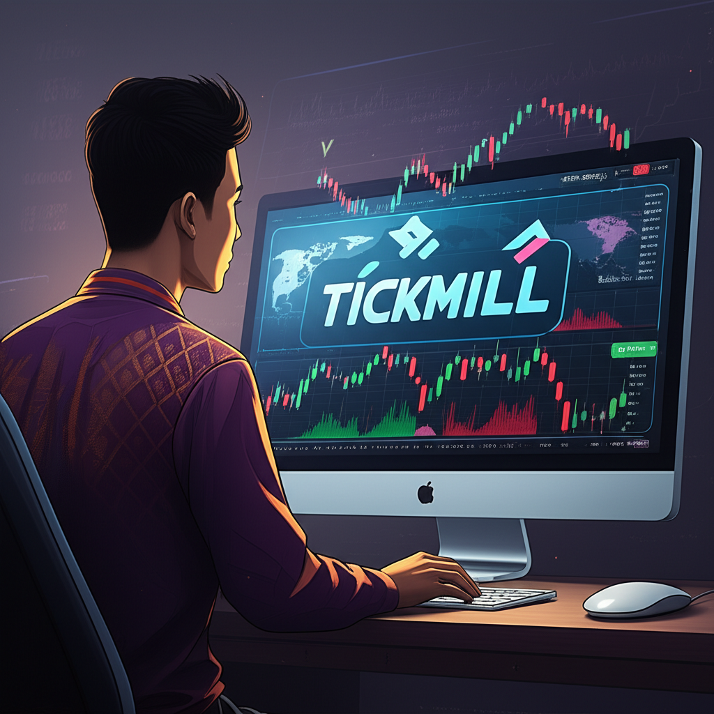 ภาพประกอบเทรดเดอร์ไทยกำลังดูหน้าจอพร้อมโลโก้ Tickmill ล้อมรอบด้วยกราฟ Forex
