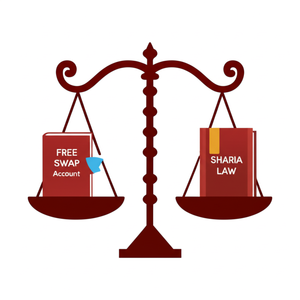 ตาชั่งสมดุลกับบัญชี Free Swap ด้านหนึ่งและหนังสือกฎชะรีอะฮ์อีกด้าน สื่อถึงการปฏิบัติตามหลักศาสนา