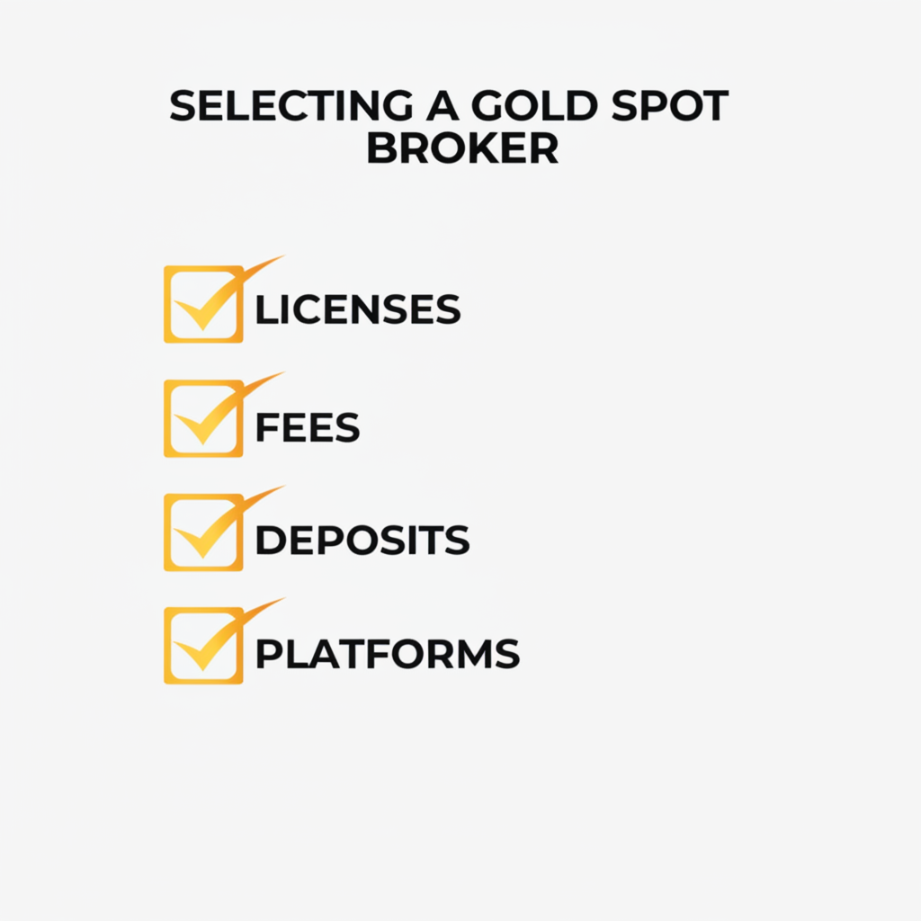 รายการตรวจสอบเกณฑ์การเลือกโบรกเกอร์ Gold Spot ใบอนุญาต ค่าธรรมเนียม แพลตฟอร์ม การฝากเงิน