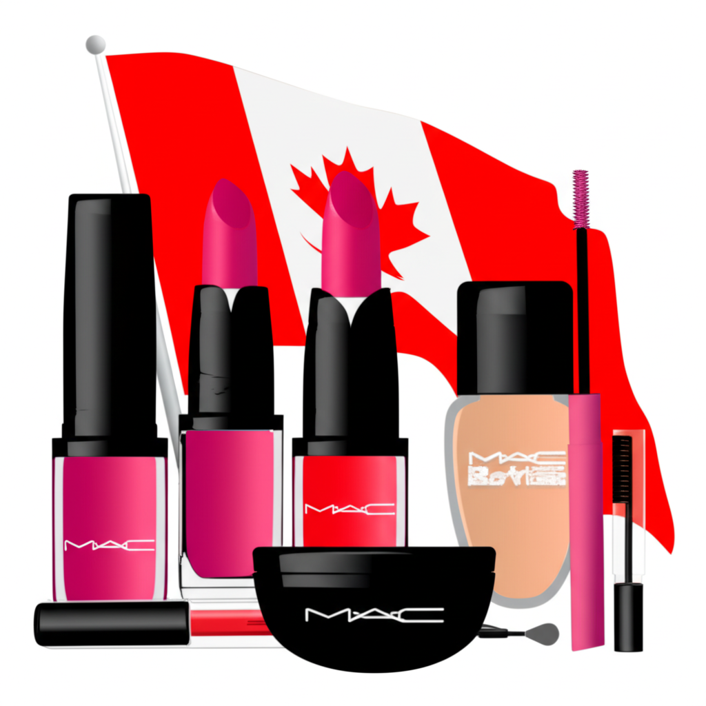 ภาพประกอบผลิตภัณฑ์เครื่องสำอาง MAC Cosmetics พร้อมใบเมเปิ้ลแคนาดาและธงชาติสหรัฐอเมริกาในพื้นหลัง