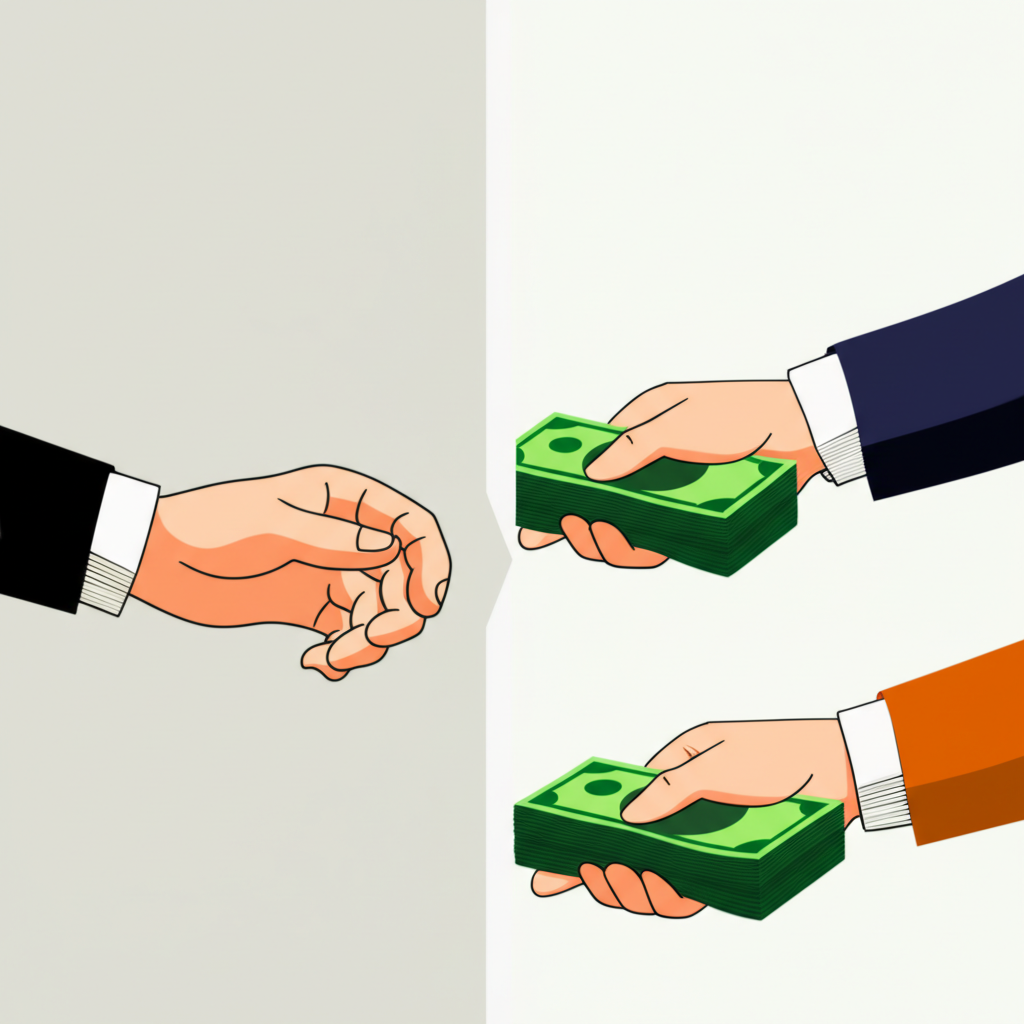 Illustration of a broker and a trader exchanging money with a visible cost gap in between
