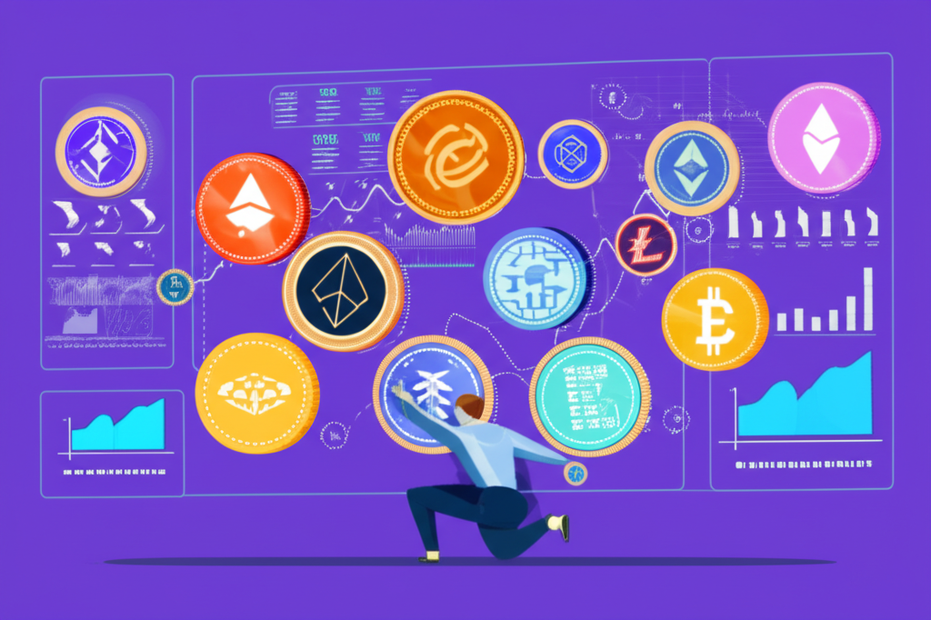 illustration of a person carefully analyzing various crypto coins on a screen surrounded by data points