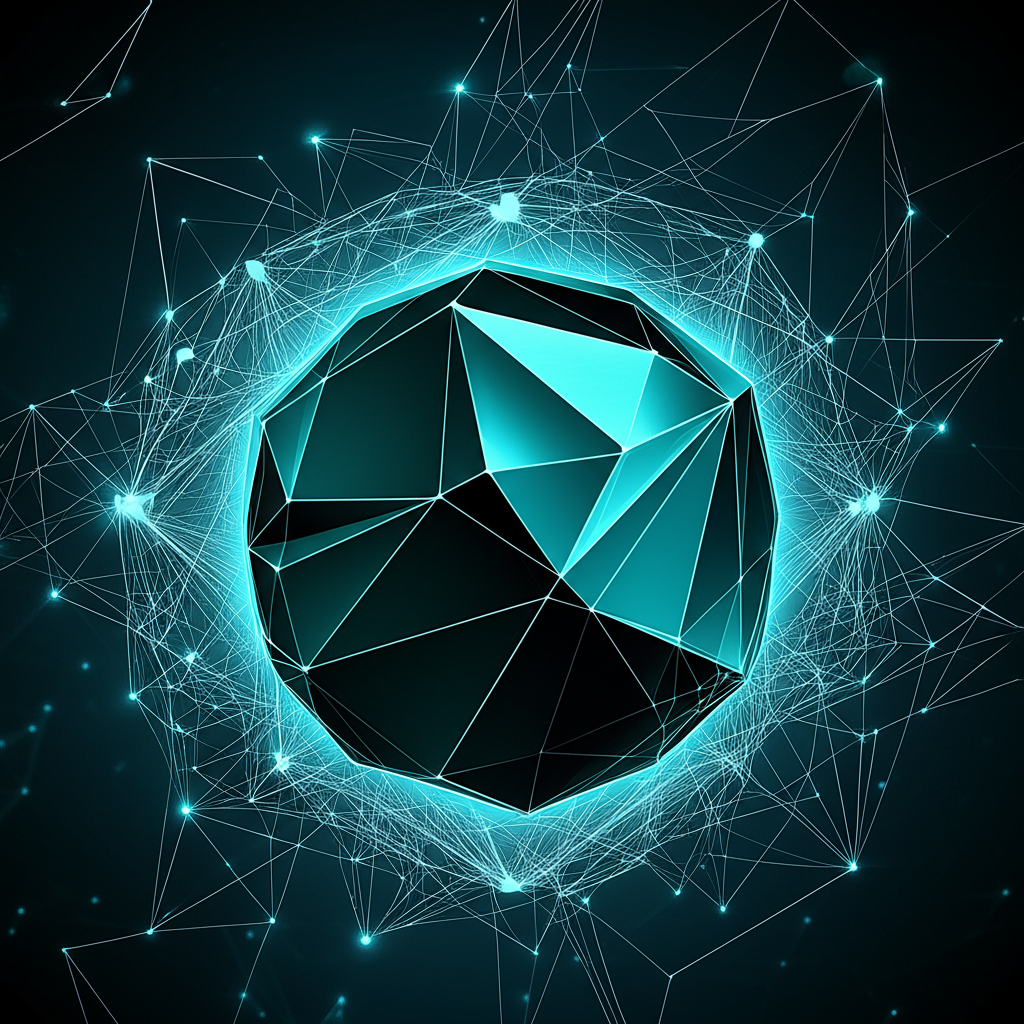 Illustration of a futuristic blockchain network with a large obstacle representing the trilemma challenge