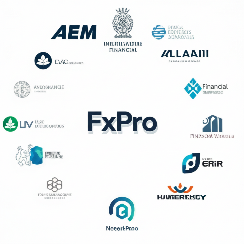FxPro logo with international financial regulatory body logos illustration