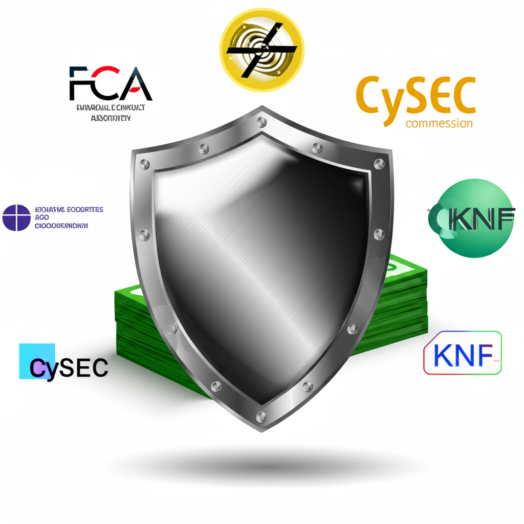ภาพประกอบโล่ป้องกันกองเงินพร้อมโลโก้หน่วยงานกำกับดูแลอย่าง FCA CySEC KNF ล้อมรอบ