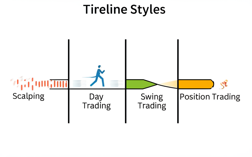 illustration of a timeline showing various forex trading styles from fast scalping to long term position trading