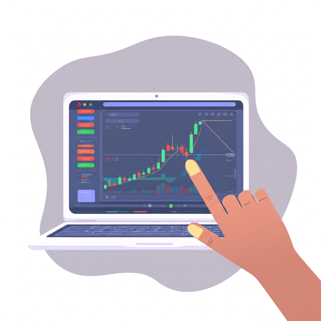 ภาพประกอบหน้าจอแล็ปท็อปแสดงแพลตฟอร์ม TradingView พร้อมตัวชี้วัดต่างๆ และมือชี้ไปที่หน้าจอ