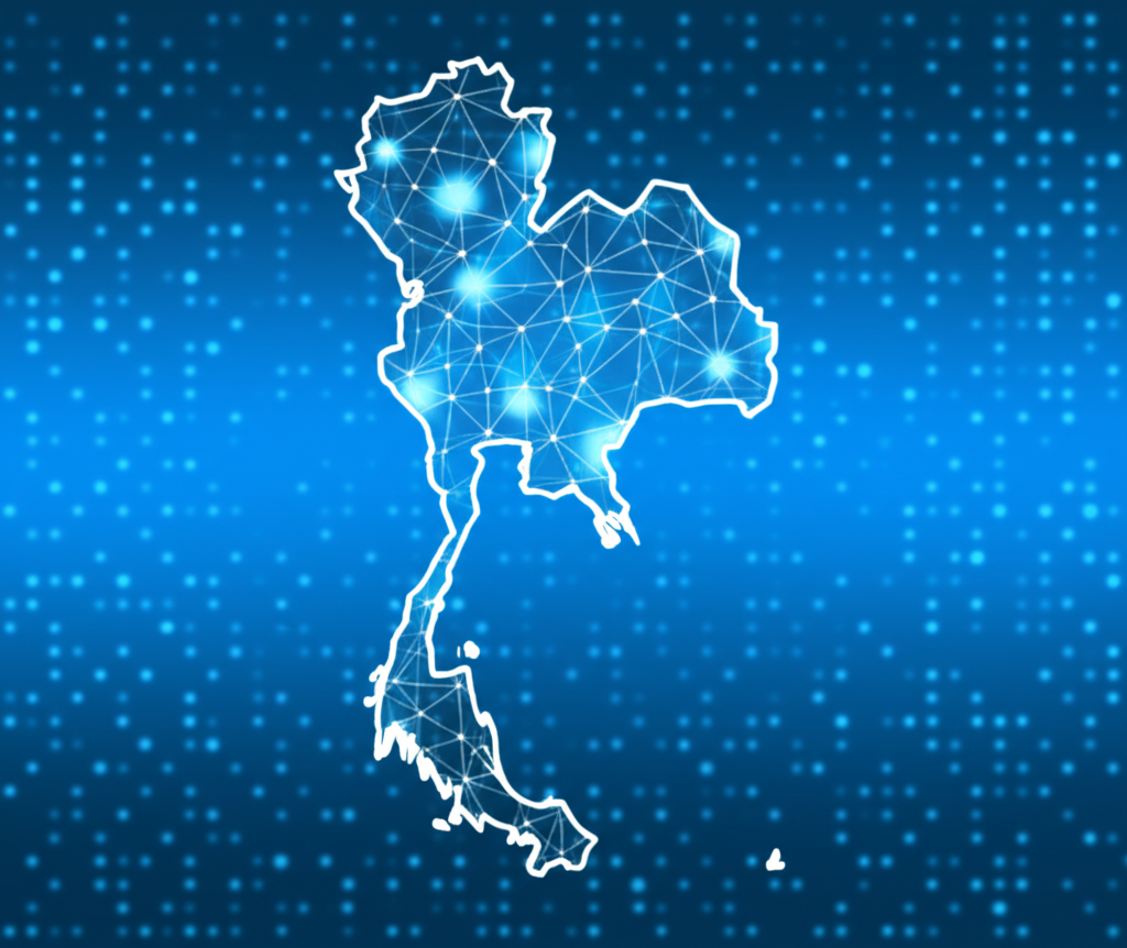 Illustration of a futuristic decentralized finance network with interconnected nodes and a map of Thailand