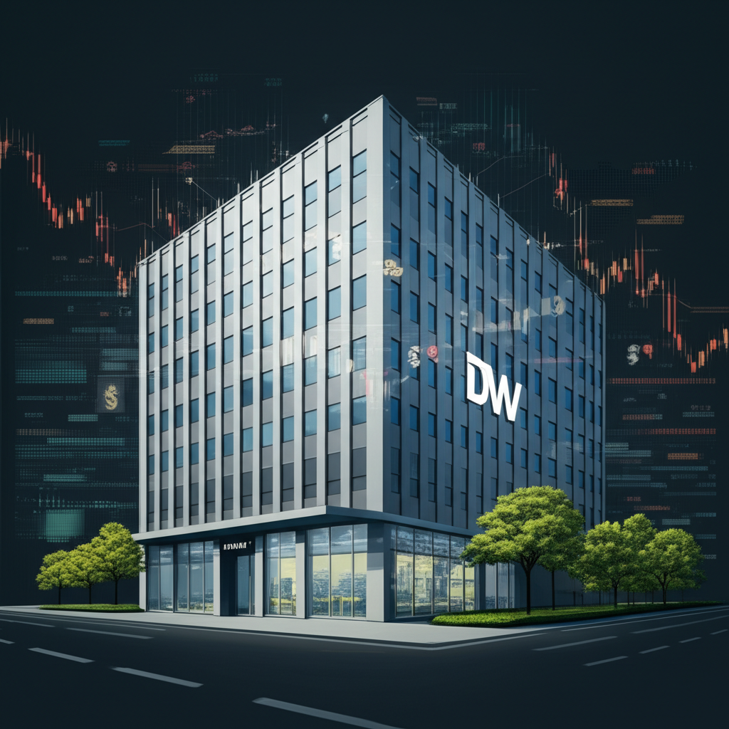 ตึกบริษัทหลักทรัพย์พร้อมป้าย DW ใหญ่และข้อมูลตลาดไหลรอบๆ