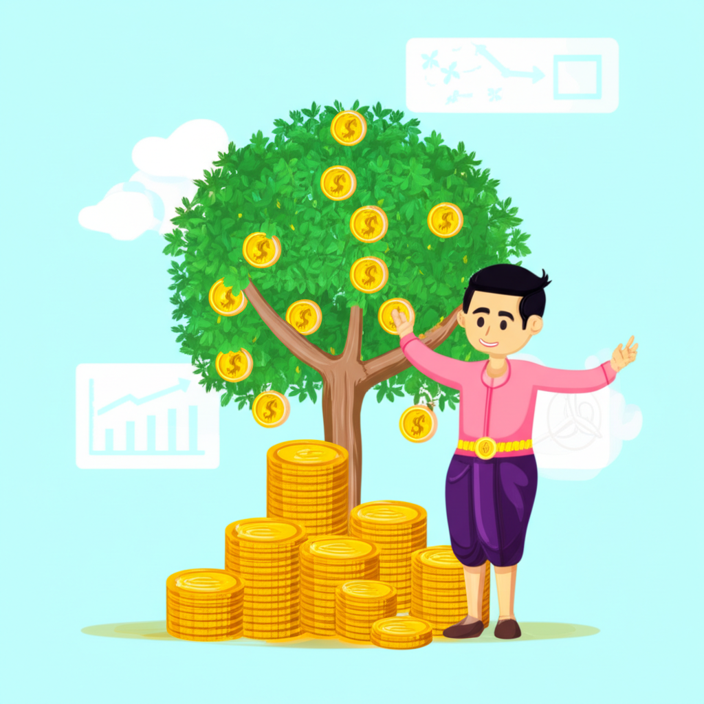 Happy Thai trader standing beside a growing money tree representing increased profitability and reduced trading costs