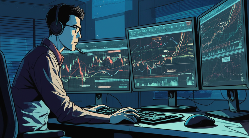 illustration a trader studying complex price charts with market dynamics visible