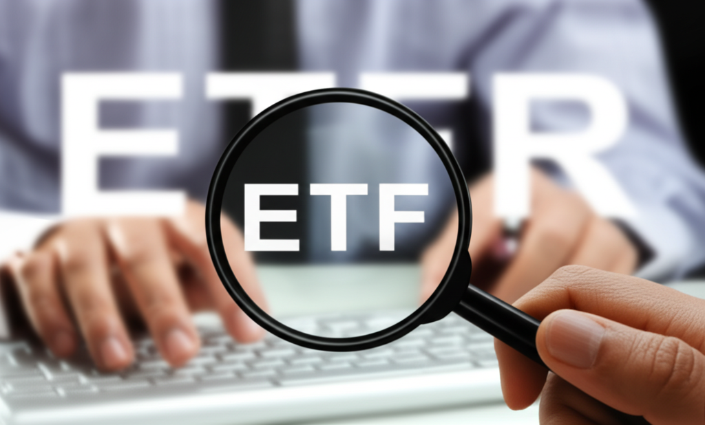 A magnifying glass focusing on ETF while ETFR is blurred in the background with a person typing illustration