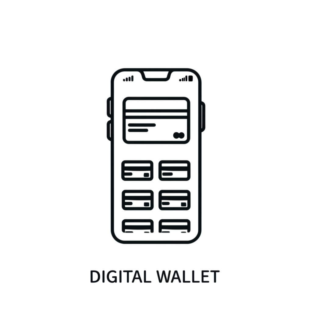 Illustration of smartphone showing digital wallet credit cards debit cards e-money
