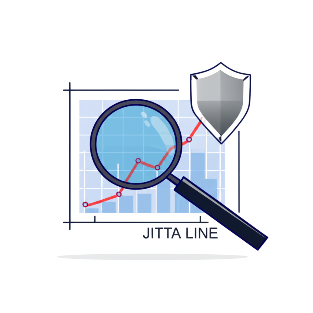 ภาพประกอบการตรวจสอบกราฟหุ้นด้วยแว่นขยายพร้อมเกราะป้องกันและกราฟ Jitta Line
