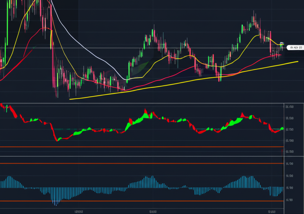 Illustration of a trading chart with technical indicators like MA, RSI, MACD on dynamic price movements