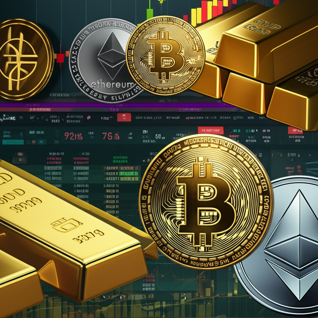 Collage of trading assets like forex gold oil stocks crypto on MT4 MT5