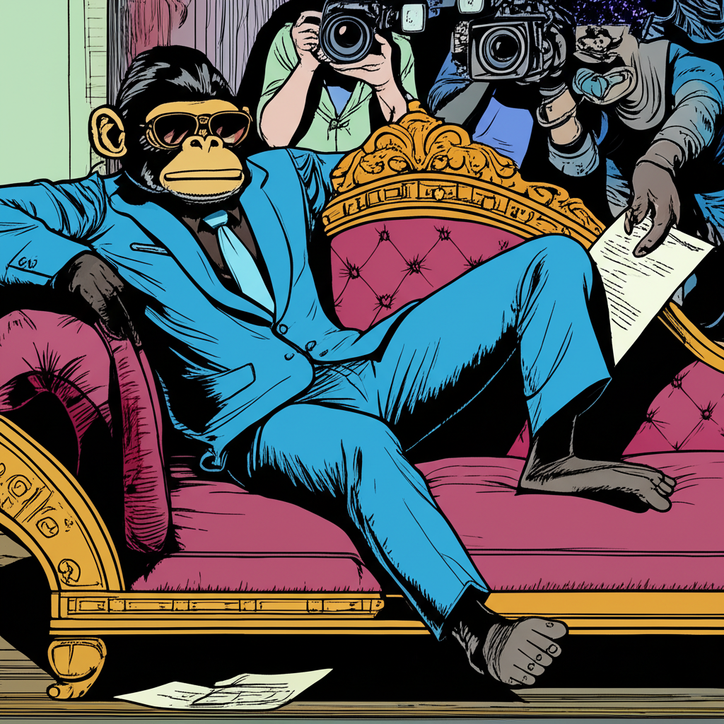 Illustration of a black monkey character displaying a luxurious lifestyle with public scrutiny and personal life questions