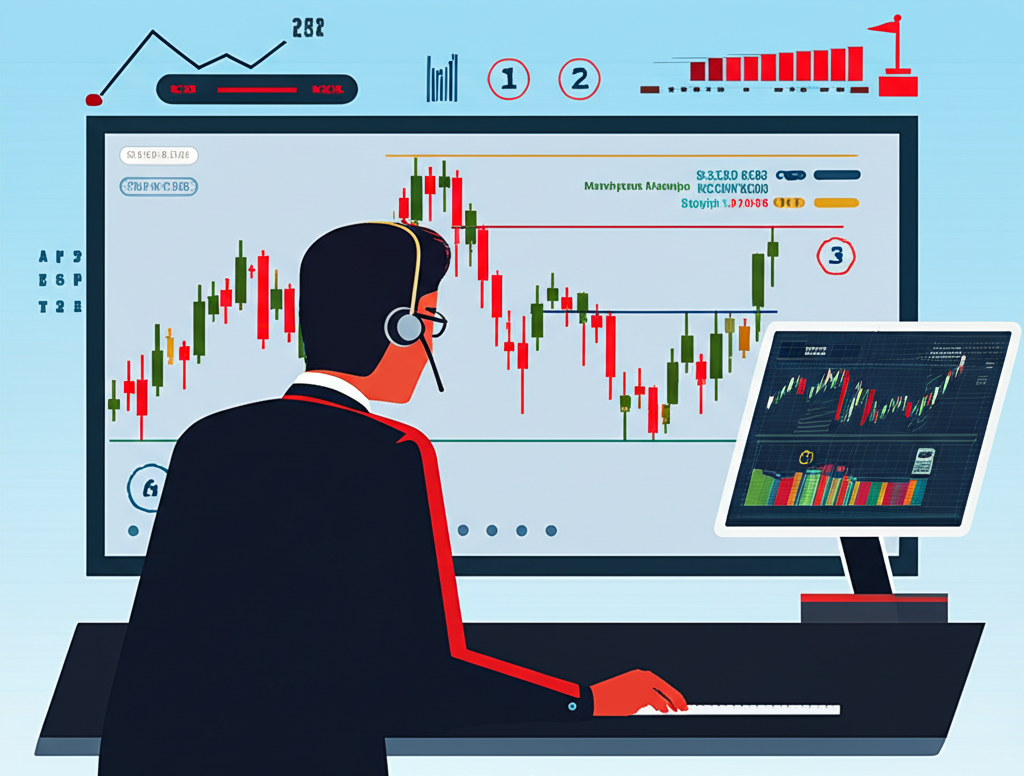 Illustration of a trader analyzing a chart with support resistance lines and various indicators