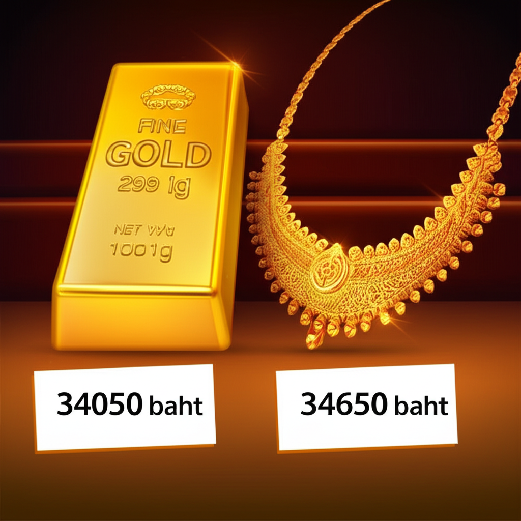 ภาพประกอบแท่งทองคำและสร้อยคอทองรูปพรรณพร้อมป้ายราคา 34,050 บาท และ 34,650 บาท