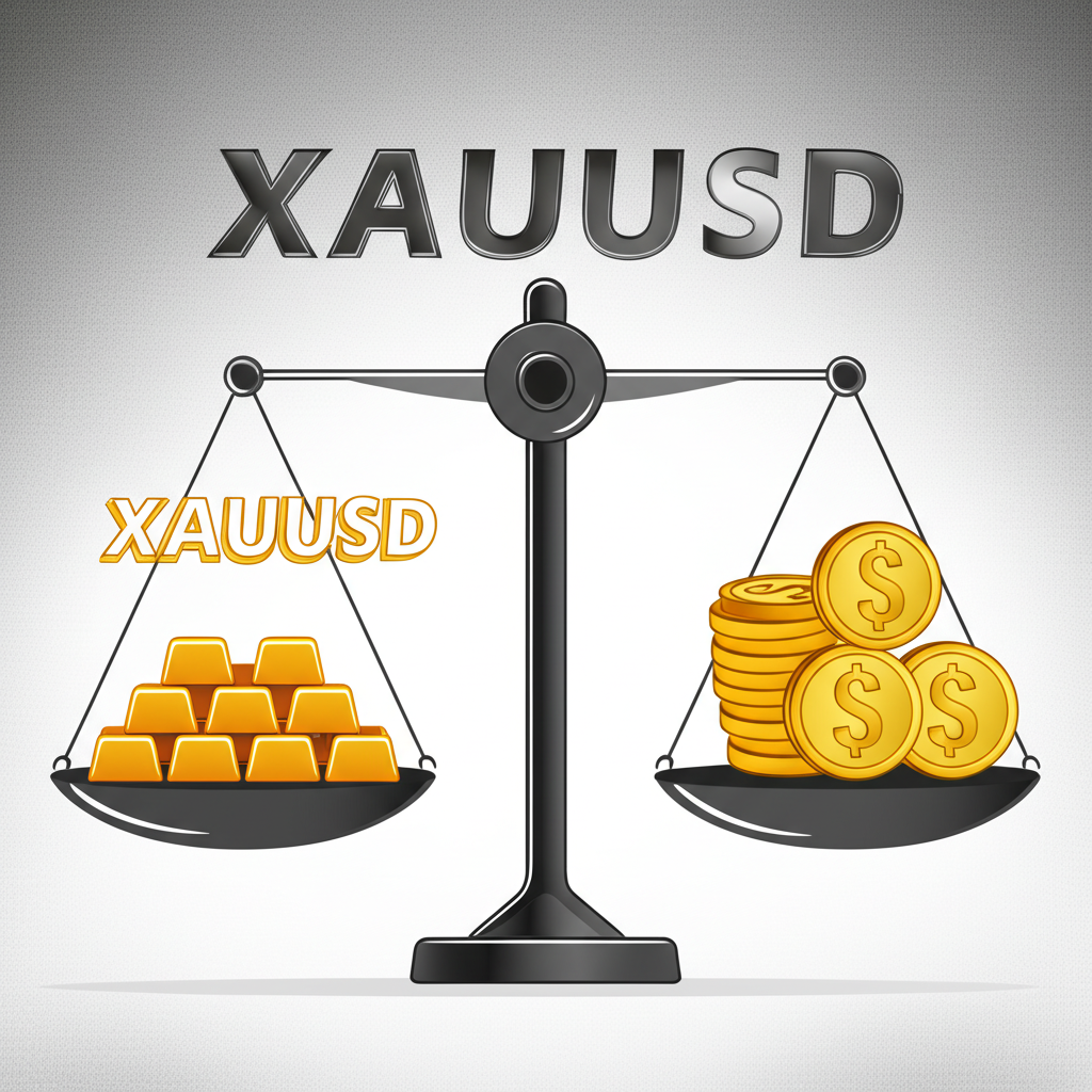 Illustration of XAUUSD symbol gold bars and US dollar coins balanced on a scale representing safe haven investment