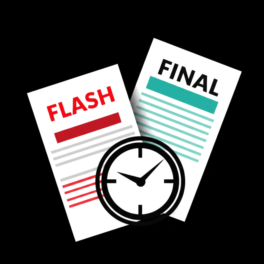ภาพประกอบรายงานข้อมูลสองฉบับ ฉบับหนึ่ง标注 Flash อีกฉบับ Final พร้อมนาฬิกาที่แสดงถึงความเร่งด่วน