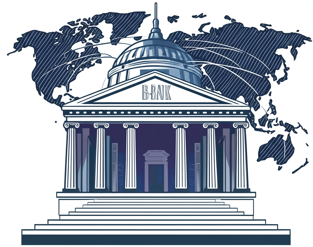 Central bank building connected to global map illustrating economic influence