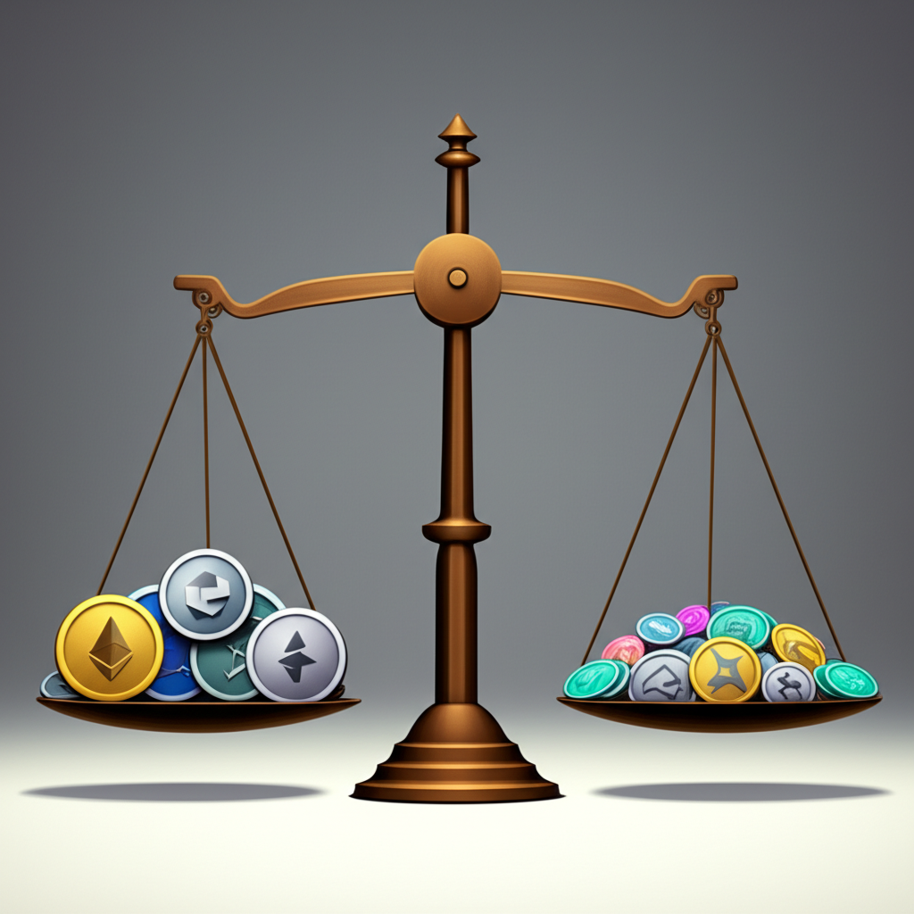 illustration showing a balance scale with large stable crypto coins on one side and smaller volatile coins on the other