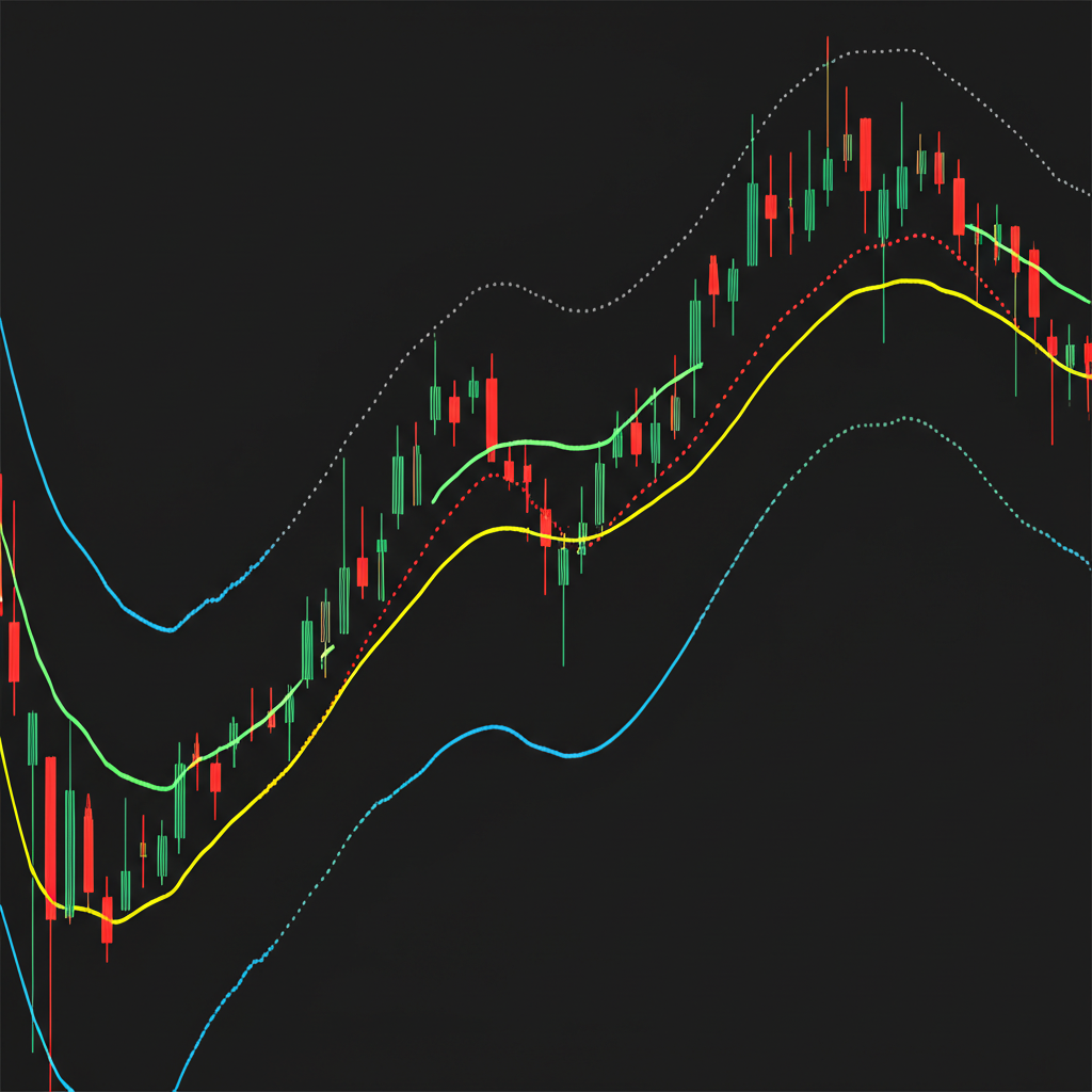 ภาพประกอบแผนภูมิหุ้นที่มีเส้น Bollinger Bands สามเส้นชัดเจน เส้นกลางค่าเฉลี่ยเคลื่อนที่ เส้นบนและล่าง