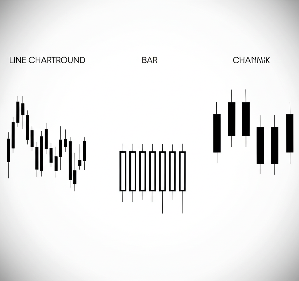 ภาพประกอบสามประเภทกราฟ Forex คือกราฟเส้น กราฟแท่ง และกราฟแท่งเทียน เรียงเคียงข้างกันพร้อมอธิบายคุณสมบัติ