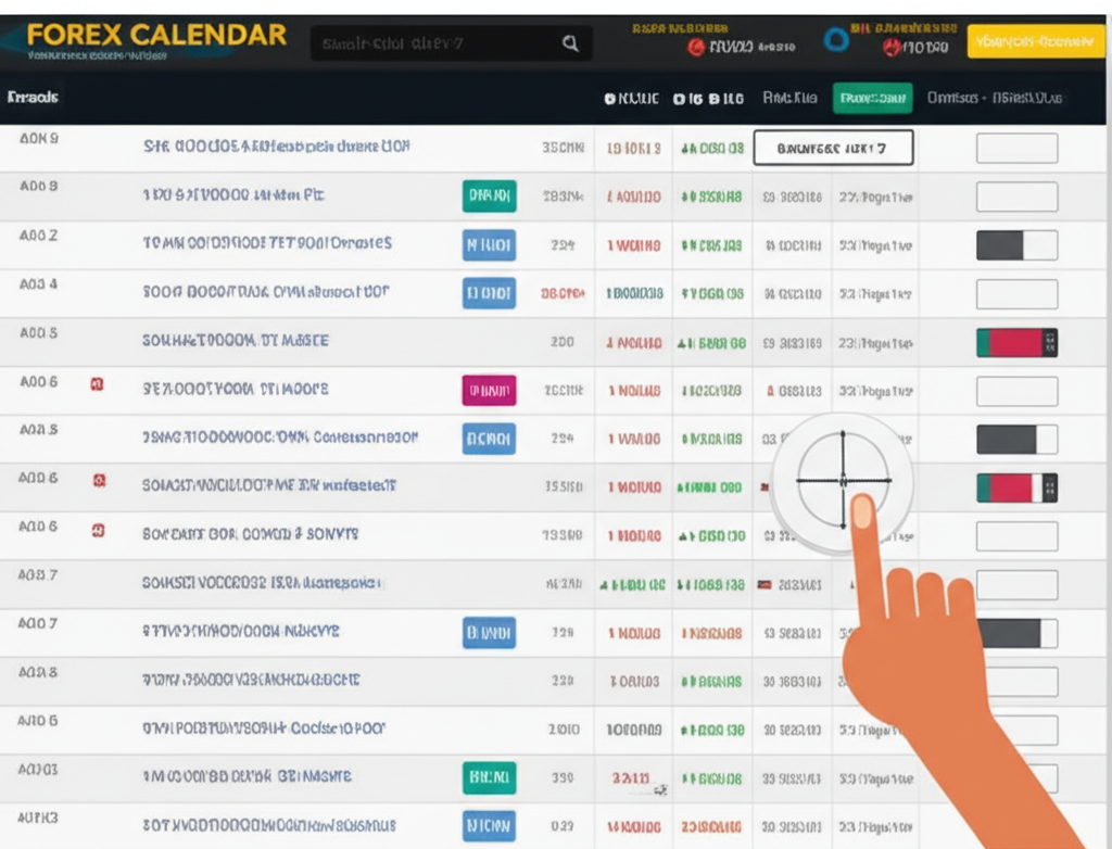 Person clicking clock icon on Forex calendar website to set timezone to Bangkok GMT+7