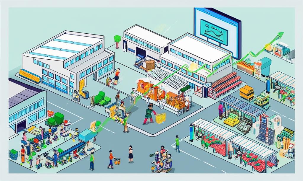 ภาพประกอบฐานการผลิตเวียดนามที่พลวัตพร้อมโรงงานและตลาดผู้บริโภคที่เติบโต ดัชนีหุ้นที่พุ่งขึ้น
