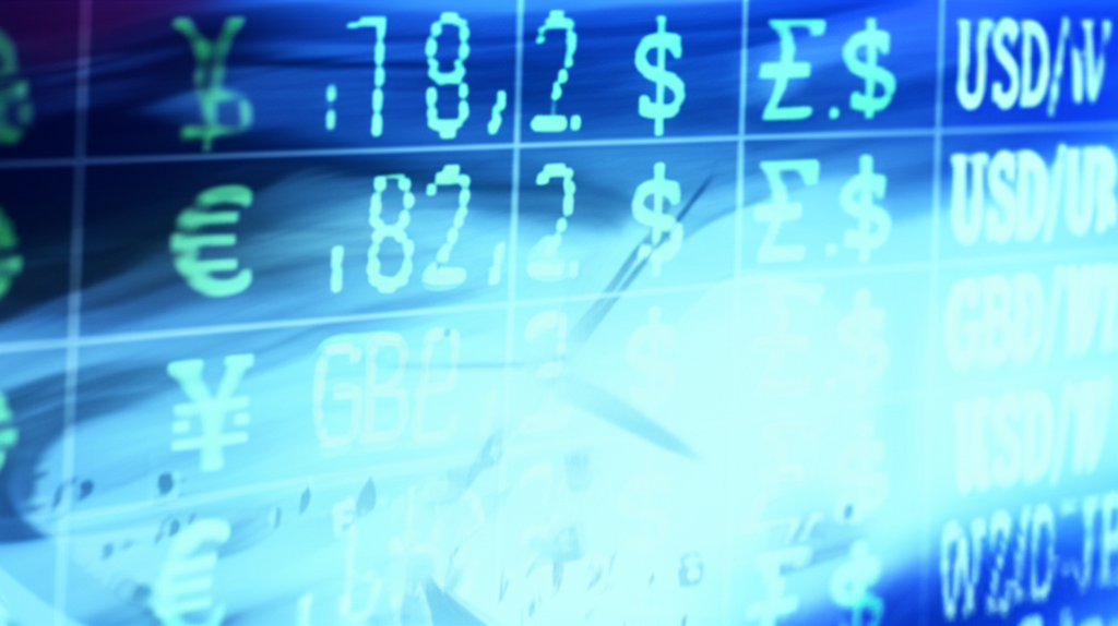 Currency pairs fluctuating rapidly on digital screen with fast clock