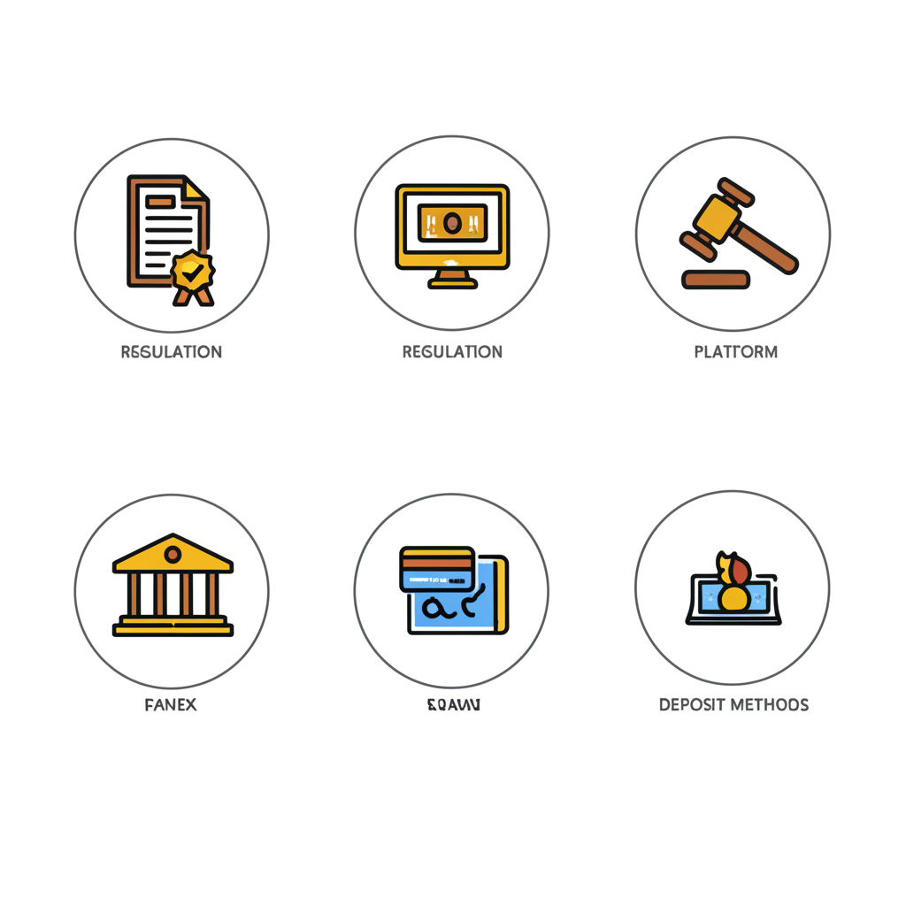 An illustration of 7 distinct icons representing key factors for choosing a forex broker like regulation platform and deposit methods