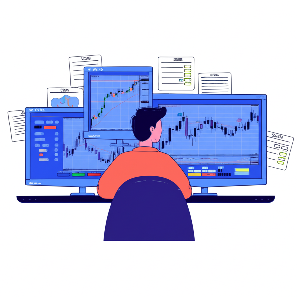 นักเทรดกำลังวิเคราะห์กราฟบนแพลตฟอร์ม MetaTrader 4 และ 5 พร้อมเครื่องมือวิเคราะห์และอินดิเคเตอร์หลากหลาย