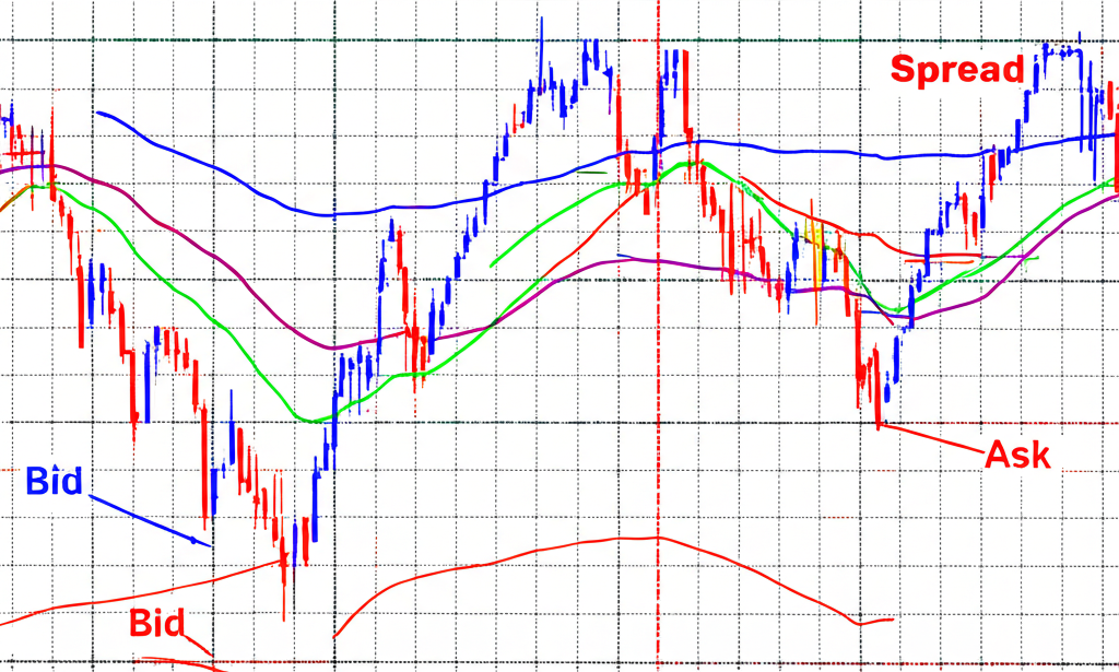Illustration of two price lines bid and ask with a gap representing spread on a financial chart