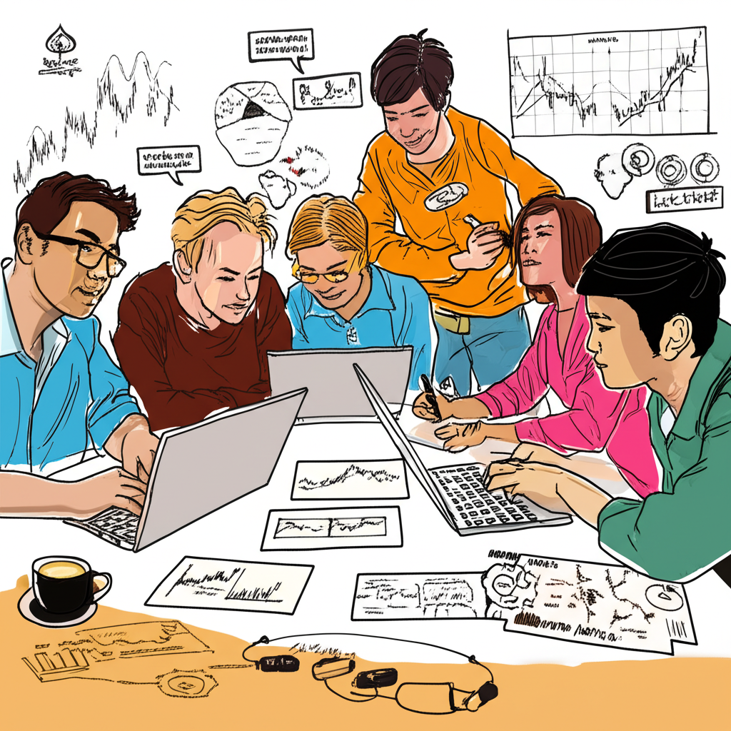 An illustration of a Thai forex trading community sharing insights with laptops and charts