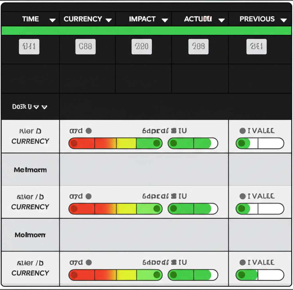 Digital forex calendar showing columns for time, currency, impact, event, actual, forecast, and previous data