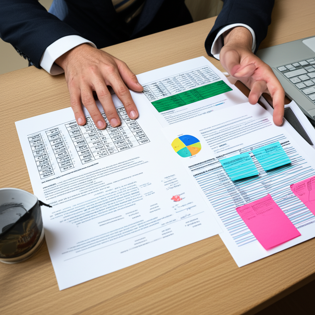 An investor studies company reports industry trends and economic data for long term stock investment illustration