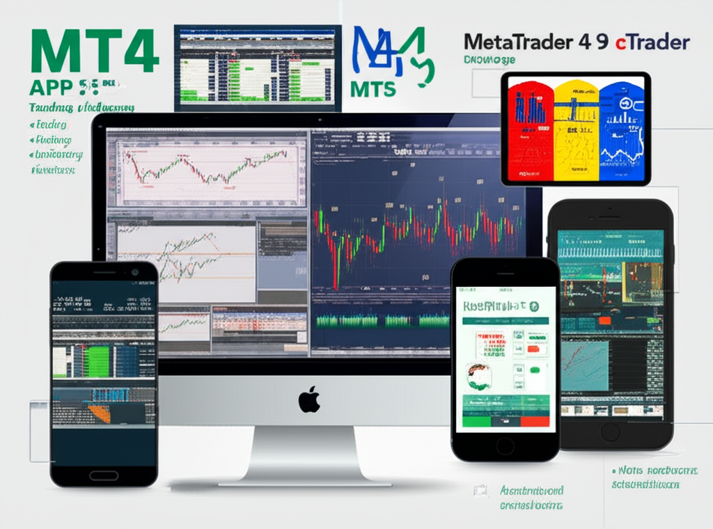 An illustration of various trading platforms like MT4 MT5 cTrader and mobile apps on different devices