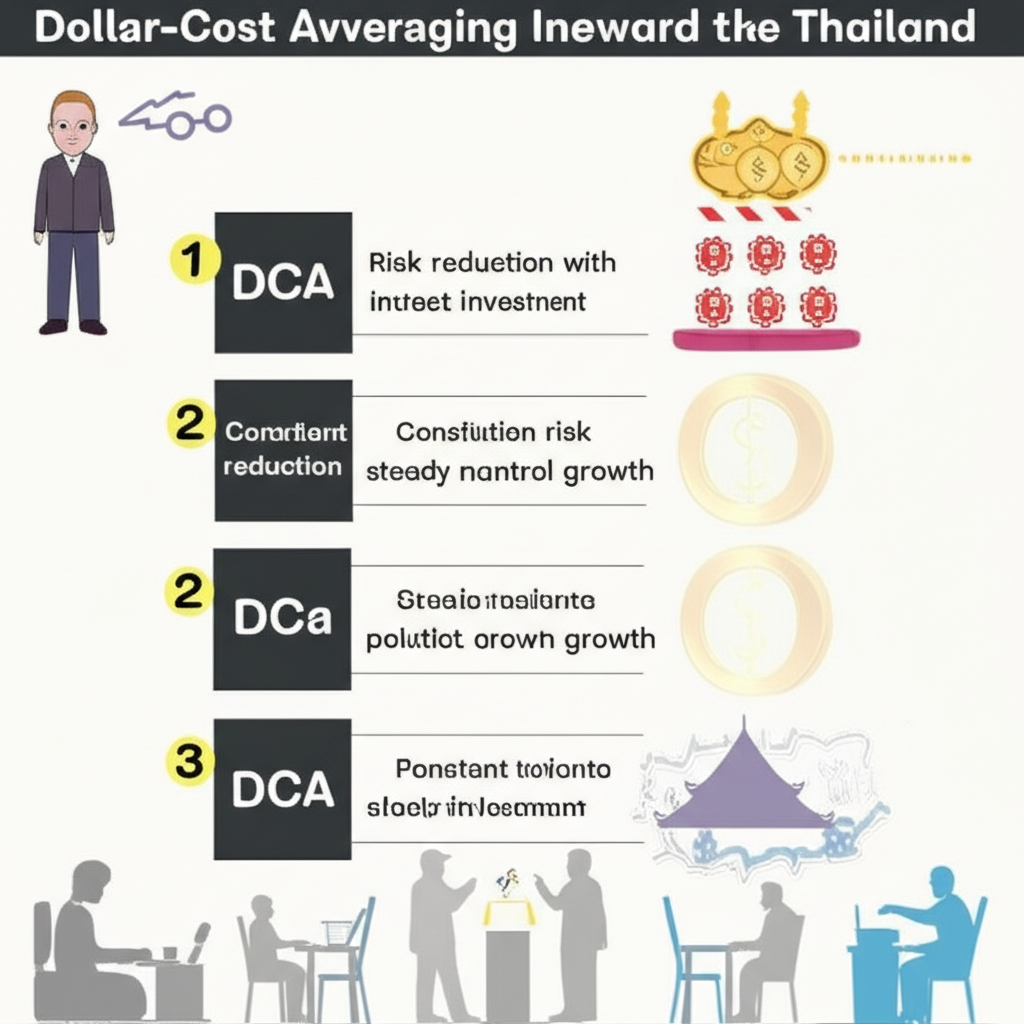 ภาพประกอบประโยชน์ของ DCA เช่น ลดความเสี่ยงและการเติบโตของความมั่งคั่งอย่างมั่นคงสำหรับนักลงทุนไทย