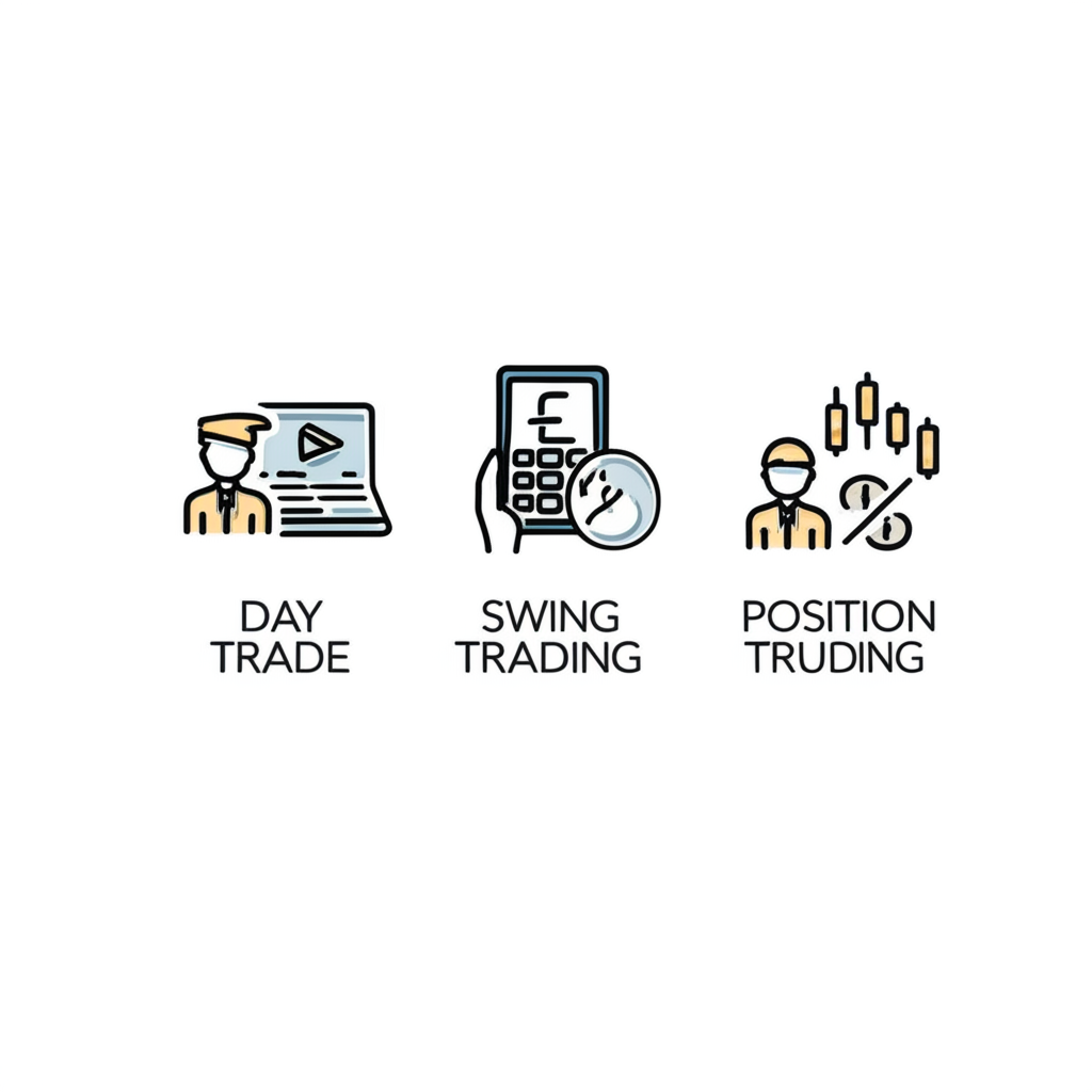 ภาพประกอบเปรียบเทียบรูปแบบการเทรดต่างๆ เช่น Day Trade, Swing Trade และ Position Trade พร้อมไอคอนที่แตกต่าง